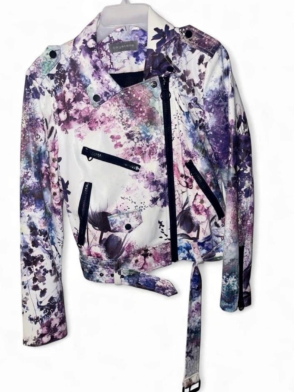 Bagatelle Floral Moto Jacket in Purple & White Like New